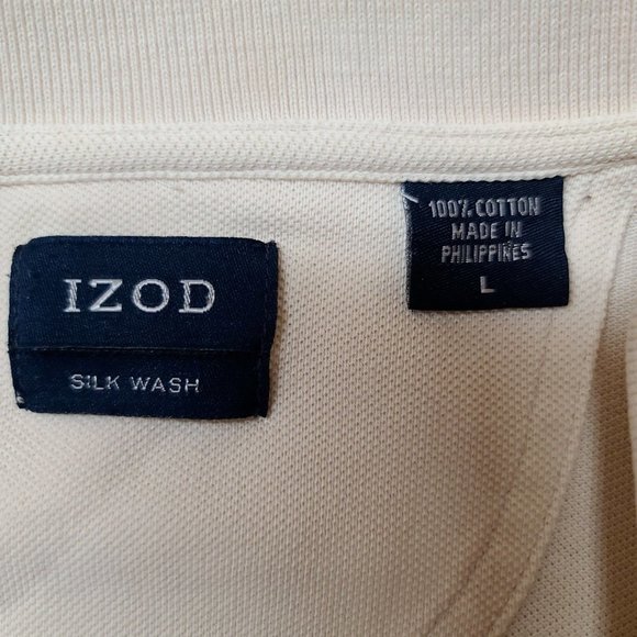 Izod Silk Wash Mens Large Ivory Short Sleeve 2 Button Pullover Logo Polo Shirt - Picture 11 of 12